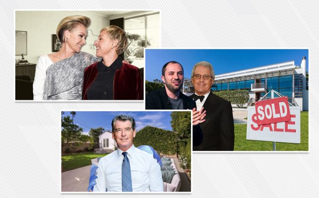 From top: Ellen DeGeneres and Portia de Rossi, Jan Koum and Ron Meyer, and Pierce Brosnan with his new home in Santa Monica (Credit: Getty Images)